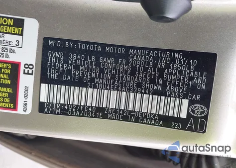 2010 Toyota Corolla Le from USA, damaged, VIN 2T1BU4EE4AC339442